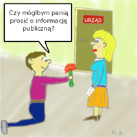 Obrazek -petent na kolanach, z kwiatami, prosi o informację publiczną